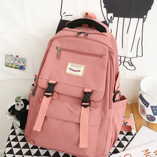 Pink Waterproof School Bags Nylon Backpack with Plush Monkey Keychain - Stylish and Durable School Bag with Multiple Pockets for Travel and Everyday Use