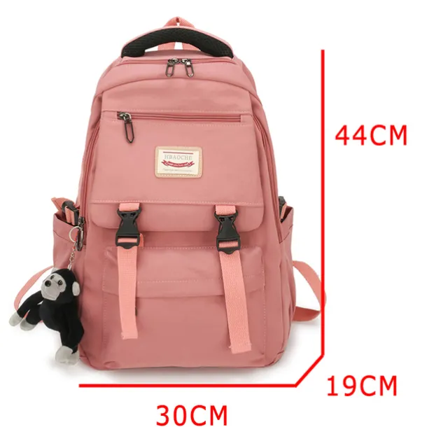 Pink Waterproof School Bags Nylon Backpack with Plush Monkey Keychain - Stylish and Durable School Bag with Multiple Pockets for Travel and Everyday Use