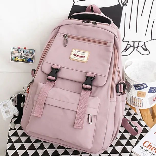 Pink Waterproof School Bags Nylon Backpack with Plush Monkey Keychain - Stylish and Durable School Bag with Multiple Pockets for Travel and Everyday Use