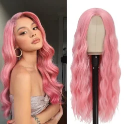 Pink Wig - Long Pink Wavy Wigs for Women Middle Part Pastel Pink Wig 26 inch Natural Curly Synthetic Wig Heat Resistant Fiber Wigs for Daily Party Use Halloween Wigs
