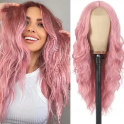 Pink Wig 26inch Long Wavy Wigs for Women Middle Part Curly Wig Natural Looking Heat Resistant Fiber Synthetic Wigs for Daily Use
