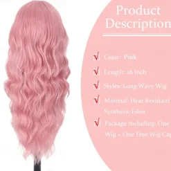 Pink Wig 26inch Long Wavy Wigs for Women Middle Part Curly Wig Natural Looking Heat Resistant Fiber Synthetic Wigs for Daily Use