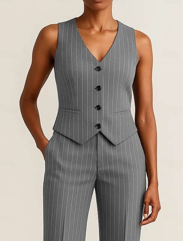 Pinstripe Women's Suits Vest Mother of the Bride Elegant Simple V Neck Sleeveless Sleeve with Buttons