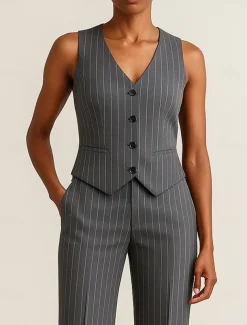 Pinstripe Women's Suits Vest Mother of the Bride Elegant Simple V Neck Sleeveless Sleeve with Buttons