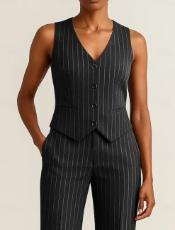 Pinstripe Women's Suits Vest Mother of the Bride Elegant Simple V Neck Sleeveless Sleeve with Buttons