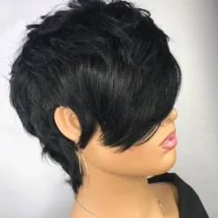 Pixie Cut Wig for Black Women 100% Virgin Human Hair None Lace Front Layered Wigs with Bangs Brazilian Real Human Hair Short Pixie Wigs for Black Women Daily Use Natual Black Color