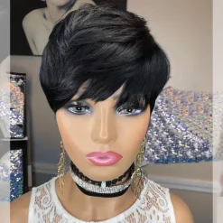 Pixie Cut Wig for Black Women 100% Virgin Human Hair None Lace Front Layered Wigs with Bangs Brazilian Real Human Hair Short Pixie Wigs for Black Women Daily Use Natual Black Color