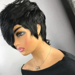 Pixie Cut Wig for Black Women 100% Virgin Human Hair None Lace Front Layered Wigs with Bangs Brazilian Real Human Hair Short Pixie Wigs for Black Women Daily Use Natual Black Color