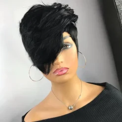 Pixie Cut Wig for Black Women 100% Virgin Human Hair None Lace Front Layered Wigs with Bangs Brazilian Real Human Hair Short Pixie Wigs for Black Women Daily Use Natual Black Color