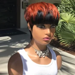 Pixie Cut Wig for Black Women 100% Virgin Human Hair None Lace Front Layered Wigs with Bangs Brazilian Real Human Hair Short Pixie Wigs for Black Women Daily Use Natual Black Color
