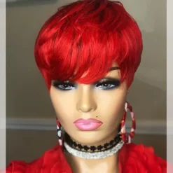 Pixie Cut Wig for Black Women 100% Virgin Human Hair None Lace Front Layered Wigs with Bangs Brazilian Real Human Hair Short Pixie Wigs for Black Women Daily Use Natual Black Color