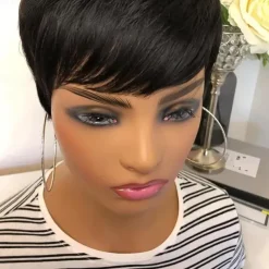 Pixie Cut Wig Human Hair Wigs For Black Women Short Human Hair Wigs with Bangs Pixie Cut Short Straight Black Wigs Full Machine Made Glueless Wigs