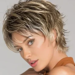 Pixie Layered Short Blonde Brown Wigs for White Women With Bangs Realistic Wig Synthetic Heat Resistant Wigs Daily Use Wig