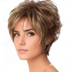 Pixie Layered Short Blonde Brown Wigs for White Women With Bangs Realistic Wig Synthetic Heat Resistant Wigs Daily Use Wig