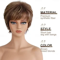 Pixie Layered Short Blonde Brown Wigs for White Women With Bangs Realistic Wig Synthetic Heat Resistant Wigs Daily Use Wig