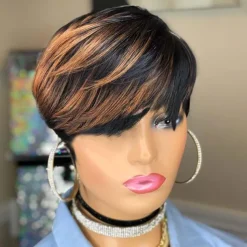 Pixie Layered Wavy Wigs Black with Brown F1B/30 Color Glueless Short Curly Wigs Pixie Cut Wig Human Hair Short Human Hair Wigs for Black Women