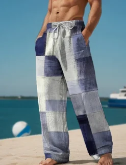 Plaid Color Block Men's Resort 3D Printed Casual Pants Trousers Elastic Waist Drawstring Loose Fit Straight-Leg Summer Beach Pants S TO 3XL