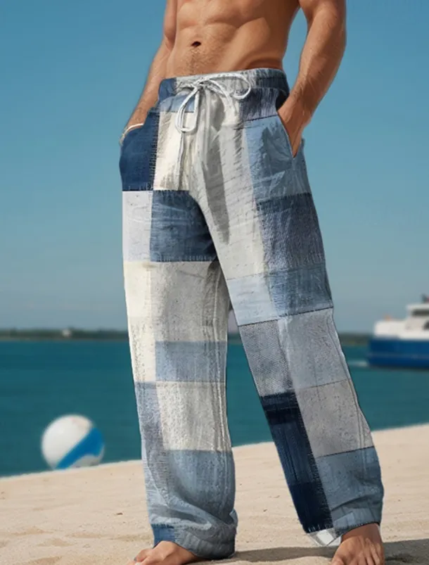 Plaid Color Block Men's Resort 3D Printed Casual Pants Trousers Elastic Waist Drawstring Loose Fit Straight-Leg Summer Beach Pants S TO 3XL