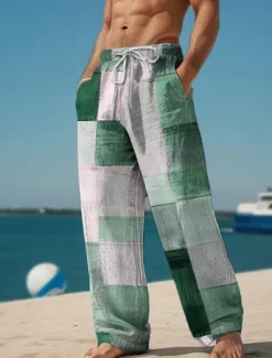 Plaid Color Block Men's Resort 3D Printed Casual Pants Trousers Elastic Waist Drawstring Loose Fit Straight-Leg Summer Beach Pants S TO 3XL