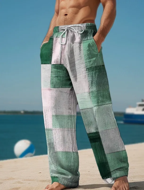 Plaid Color Block Men's Resort 3D Printed Casual Pants Trousers Elastic Waist Drawstring Loose Fit Straight-Leg Summer Beach Pants S TO 3XL
