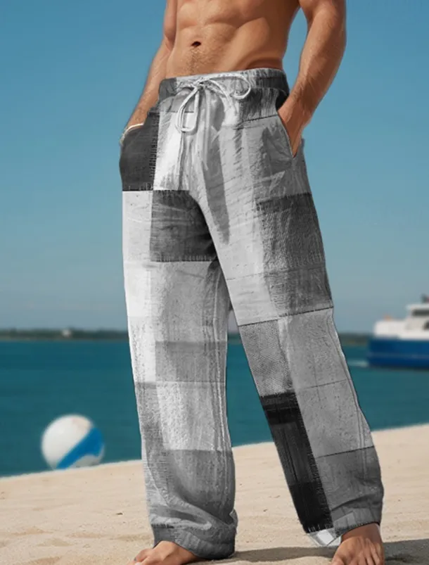 Plaid Color Block Men's Resort 3D Printed Casual Pants Trousers Elastic Waist Drawstring Loose Fit Straight-Leg Summer Beach Pants S TO 3XL