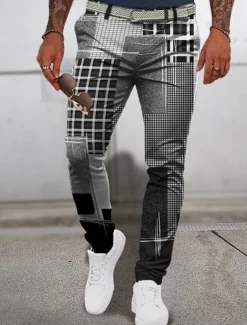 Plaid Geometry Casual Men's 3D Print Pants Trousers Outdoor Daily Wear Streetwear Polyester Blue Brown Green S M L Medium Waist Elasticity Pants
