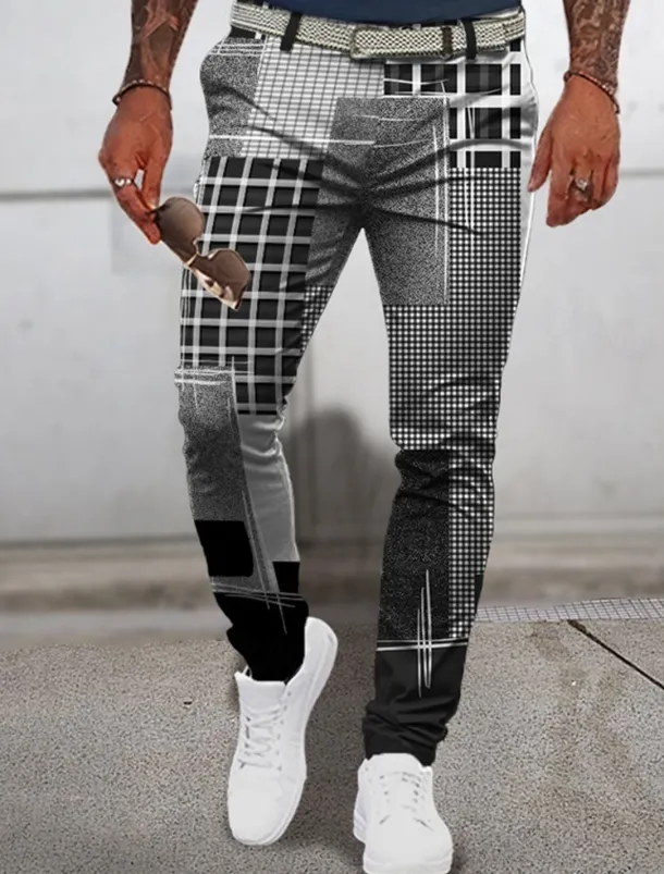 Plaid Geometry Casual Men's 3D Print Pants Trousers Outdoor Daily Wear Streetwear Polyester Blue Brown Green S M L Medium Waist Elasticity Pants