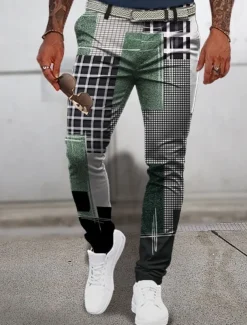 Plaid Geometry Casual Men's 3D Print Pants Trousers Outdoor Daily Wear Streetwear Polyester Blue Brown Green S M L Medium Waist Elasticity Pants