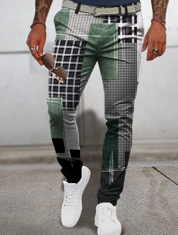 Plaid Geometry Casual Men's 3D Print Pants Trousers Outdoor Daily Wear Streetwear Polyester Blue Brown Green S M L Medium Waist Elasticity Pants
