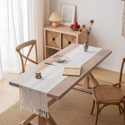 Plain Simple Striped Fringed Table Runner with Tassel 87 inch Long 35 x 220cm