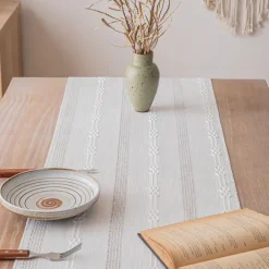 Plain Simple Striped Fringed Table Runner with Tassel 87 inch Long 35 x 220cm