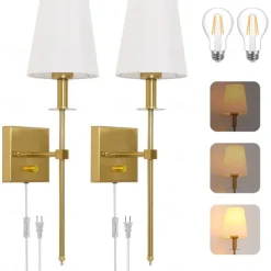 Plug in Wall Sconce Dimmable Wall Sconces 1pcs, White Fabric Shade Wall Lamp with 6Ft Plug in Cord, Indoor Wall Lights Wall Mounted Light Fixture, for Bedroom Living Room Hallway, Gold