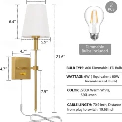 Plug in Wall Sconce Dimmable Wall Sconces 1pcs, White Fabric Shade Wall Lamp with 6Ft Plug in Cord, Indoor Wall Lights Wall Mounted Light Fixture, for Bedroom Living Room Hallway, Gold