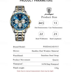POEDAGAR Luxury Sports Watch Men Quartz Waterproof Luminous Date Chronograph Men's Watches Stainless Steel Man Watch Male Clock