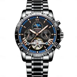 POEDAGAR Men Mechanical Watch Fashion Casual Wristwatch Automatic Self-winding Moon phase Luminous Waterproof Steel Watch