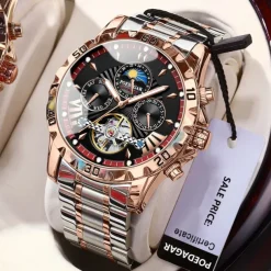 POEDAGAR Men Mechanical Watch Fashion Casual Wristwatch Automatic Self-winding Moon phase Luminous Waterproof Steel Watch