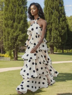 Polka Dot Print Wedding Guest Dresses A-Line Halter Neck Sleeveless Floor Length Satin Bridal Gowns With Ruffles