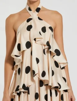 Polka Dot Print Wedding Guest Dresses A-Line Halter Neck Sleeveless Floor Length Satin Bridal Gowns With Ruffles