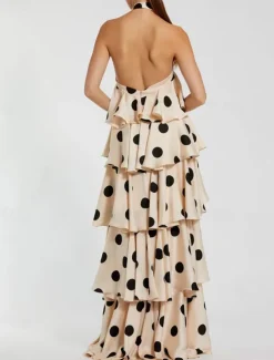Polka Dot Print Wedding Guest Dresses A-Line Halter Neck Sleeveless Floor Length Satin Bridal Gowns With Ruffles