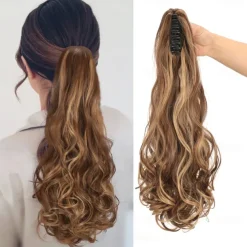 Ponytail Extension Clip in Claw 22 Inch Curly Wavy Pony Tails Clip-on Long Hairpiece Jaw for Women Dark Brown