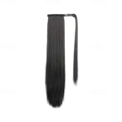 ponytail extensions real human hair clip in 16 inches 65g jet black color straight drawstring warp around ponytail hair piece remy human hair for women