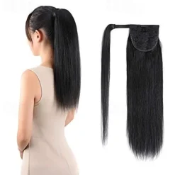 ponytail extensions real human hair clip in 16 inches 65g jet black color straight drawstring warp around ponytail hair piece remy human hair for women