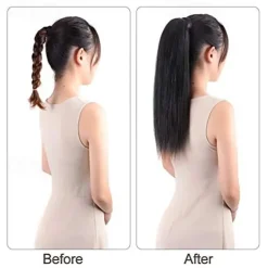 ponytail extensions real human hair clip in 16 inches 65g jet black color straight drawstring warp around ponytail hair piece remy human hair for women