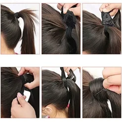 ponytail extensions real human hair clip in 16 inches 65g jet black color straight drawstring warp around ponytail hair piece remy human hair for women