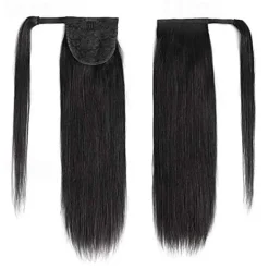 ponytail extensions real human hair clip in 16 inches 65g jet black color straight drawstring warp around ponytail hair piece remy human hair for women