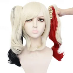 Ponytail Wig Harley Quinn Cosplay Wigs Women's With 2 Ponytails 12 inch Heat Resistant Fiber Curly Multi-color Adults' Anime Wig Halloween Wigs
