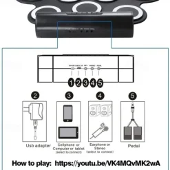 Portable Electronic Drum Kit Mini USB Interface Kids Silicon Foldable Electronic Roll up Digital Drum Pad Kit with Drum Stick Foot Switch Pedal