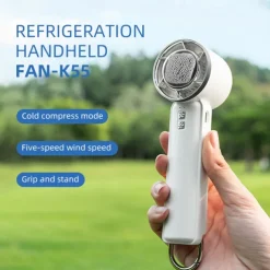 Portable Foldable Handheld & Tabletop Fan, Cold Compress Mode, 5-Speed Wind Settings, USB-C Rechargeable, Built-in Carabiner, Anti-Slip Base, Cooling & Fan Dual Mode