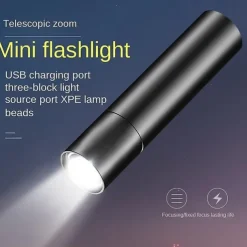 Portable Mini LED Flashlight, LED Torch Rechargeable 3 Lighting Modes Waterproof Retractable Powerful Light Torch Outdoor Zoom Torch