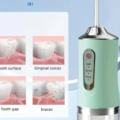Portable Rechargeable Electric Teeth Irrigator with 4 Green Heads - Effective Oral Dental Seam Washer for Men and Women Perfect for Water Flossing and Cleaning